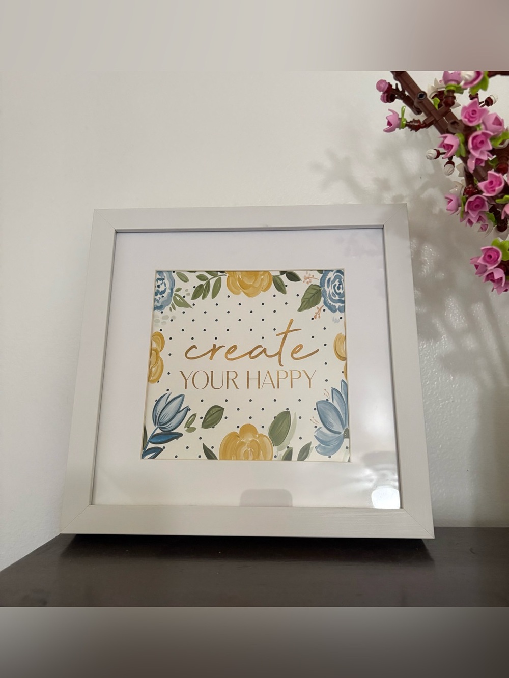 Create Your Happy Floral Wall Art - White Frame, Yellow & Blue